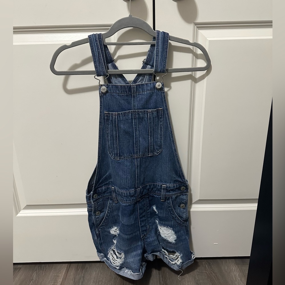 American Eagle Blue Denim Overalls with Distressed Details